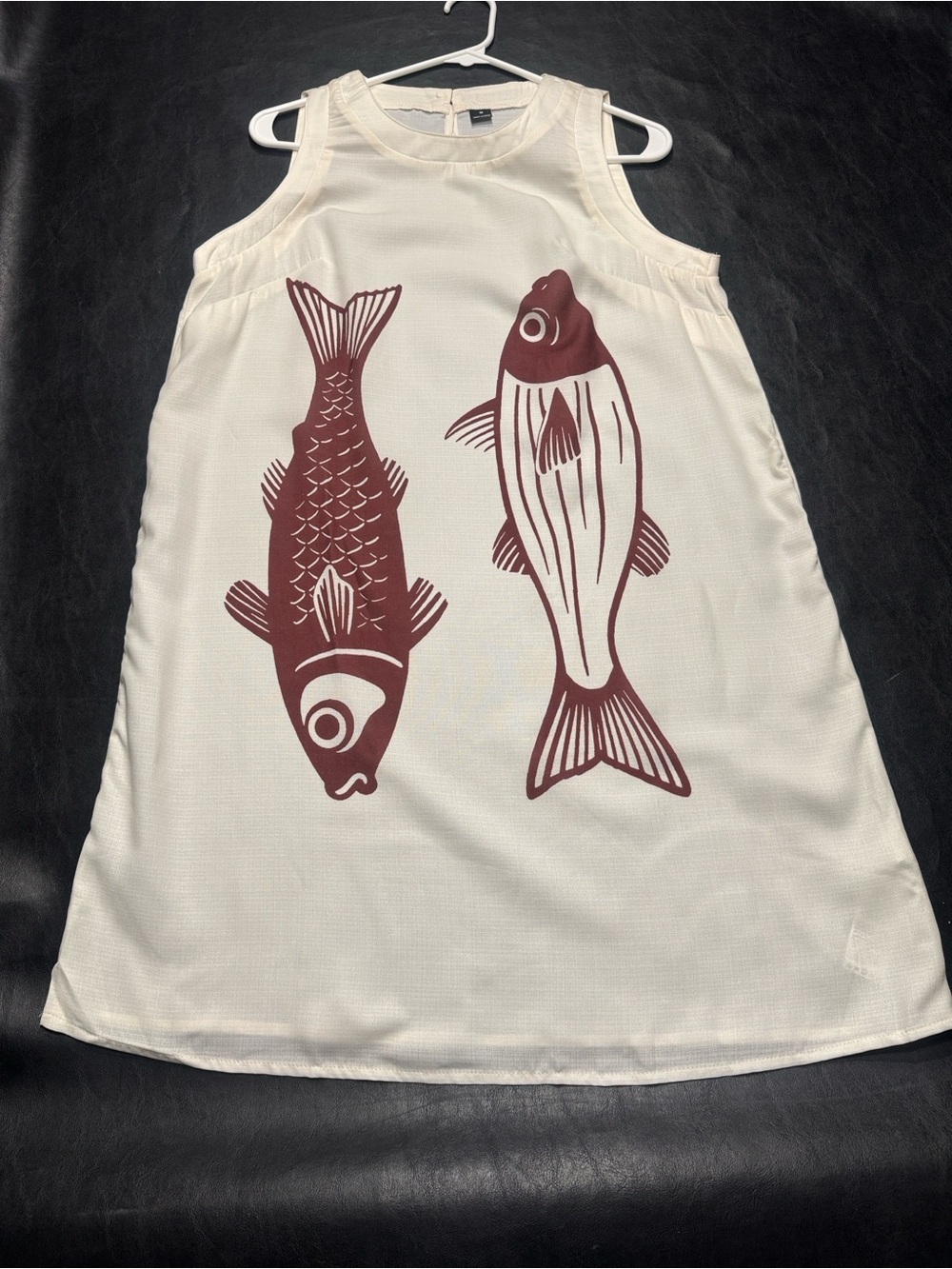 Sleeveless Cream Women’s Dress with Dark Red Fish Print